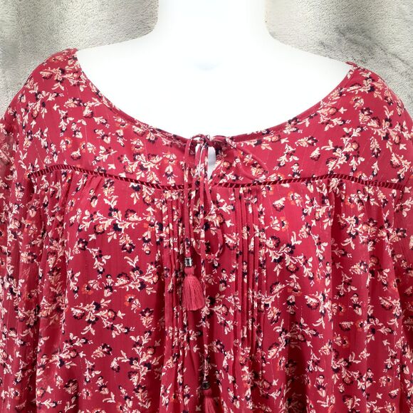 St. John's Bay Size 1X Womens Red Paisley Drawstring Long Sleeve Pleated Blouse - Picture 4 of 9